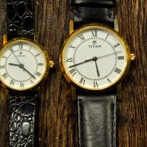 2 Titan Gold Case with Black Strap Men's and Ladies Watches